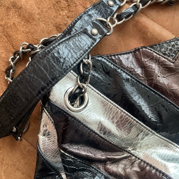 Large purse retro vintage striped tote black silver chain - Picture 3 of 5